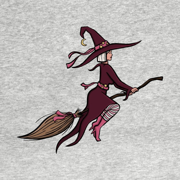 Hot witch modern and stylish purple and pink witch on her broomstick cute cartoon digital illustration by AlmightyClaire